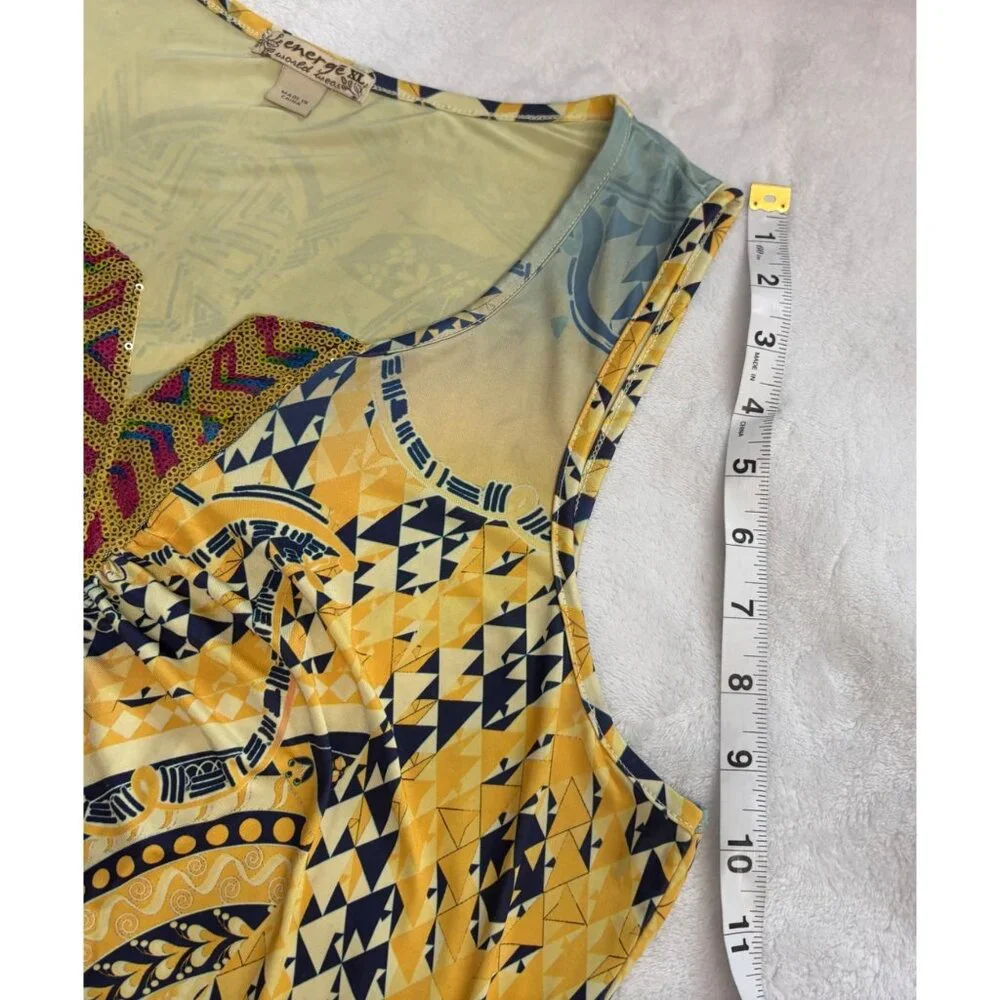Energe Yellow Sleeveless Bohemian Tunic Top W/ Geometric Print Womens Size XL - Picture 10 of 13